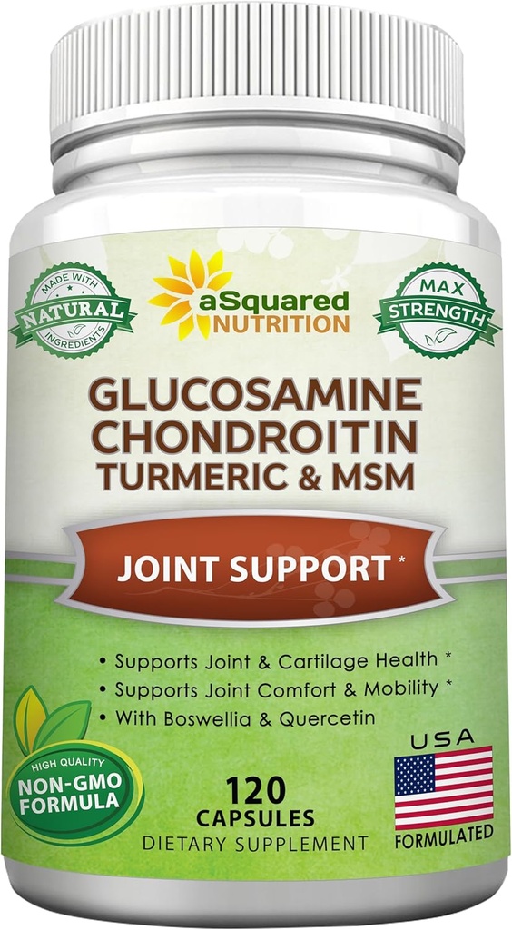 aSquared Nutrition Glucosamine Chondroitin Turmerisk MSM Boswellia - 120 Kapsler - Fælles Support Supplement - Fælles Support Relief Pills for Health - Natural Supplement til Tilbage, Knee & hænder