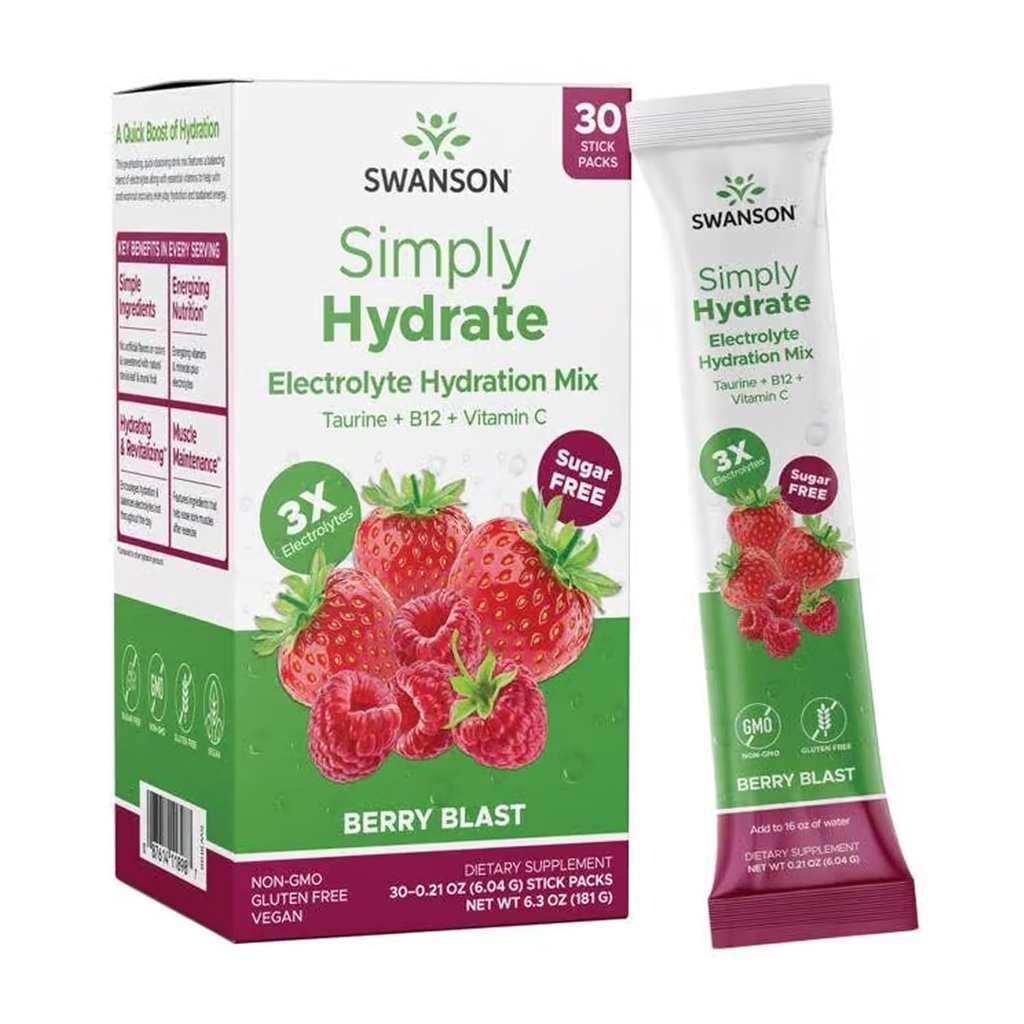 Swanson Simply Hydrate Electrolyte Powder Mix - Sugar- Free Drink Mix med 0 kalorier - Praktisk On- The- Go Hydration Powder - Advanced Electrolyte Drink Mix - Berry Blast Flavor - 30 pakker