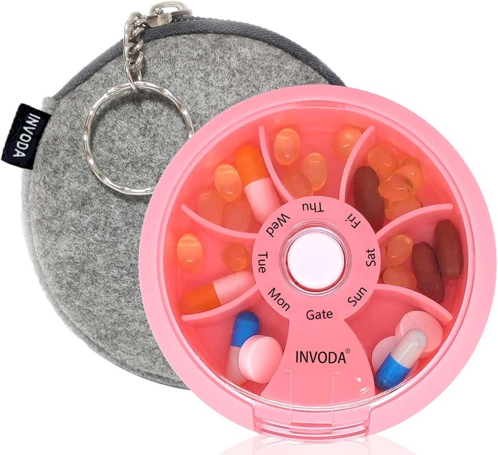 INVODA Weekly Pill Organizer 7 Segment Roterende Pill Box for Daglig Medicin & Vitaminer - Bærbar rejse Pill sag Fish Oil Kosttilskud Vitaminer Organizer (Pink + Bag)