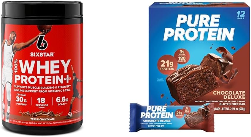 Six Star Elite 100% Whey Protein Plus Triple Chocolate 1.8lbs og Pure Protein Chocolate Deluxe Protein Bars 12 Count Pack