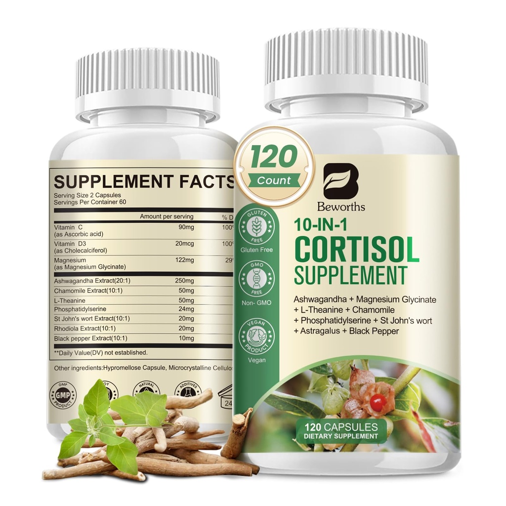 Cortisol Kosttilskud til kvinder Mænd, 10- in-1 Cortisol Detox med Ashwagandha, Magnesium, L- Theanine, Balancerede Cortisol Niveauer, Nat & Calm Support, 120 Veganske Kapsler