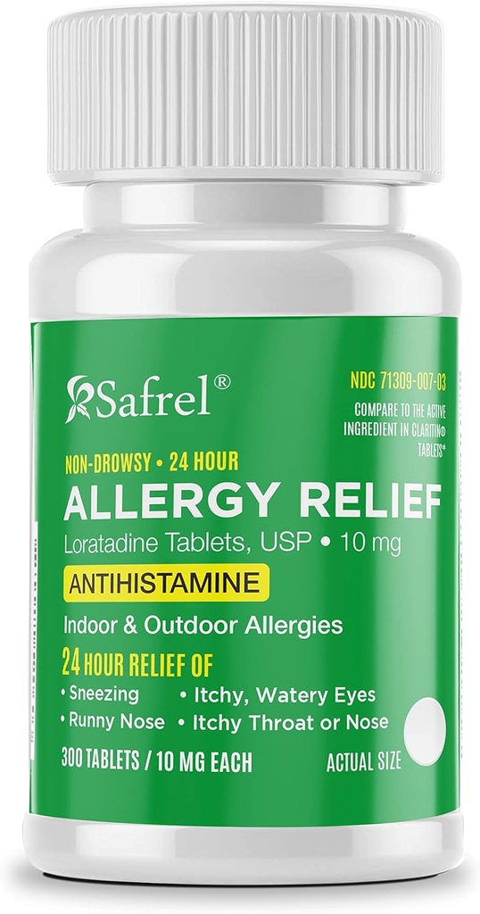 Safrel Allergy 10mg Tabletterne er 124; Non- Drowsy 24 timers Allergi Relief Medicine 124; Antihistamin Support for Runny Næse, Nysen, Itchy, Watery Eyes (300 Count (pakke med 1))