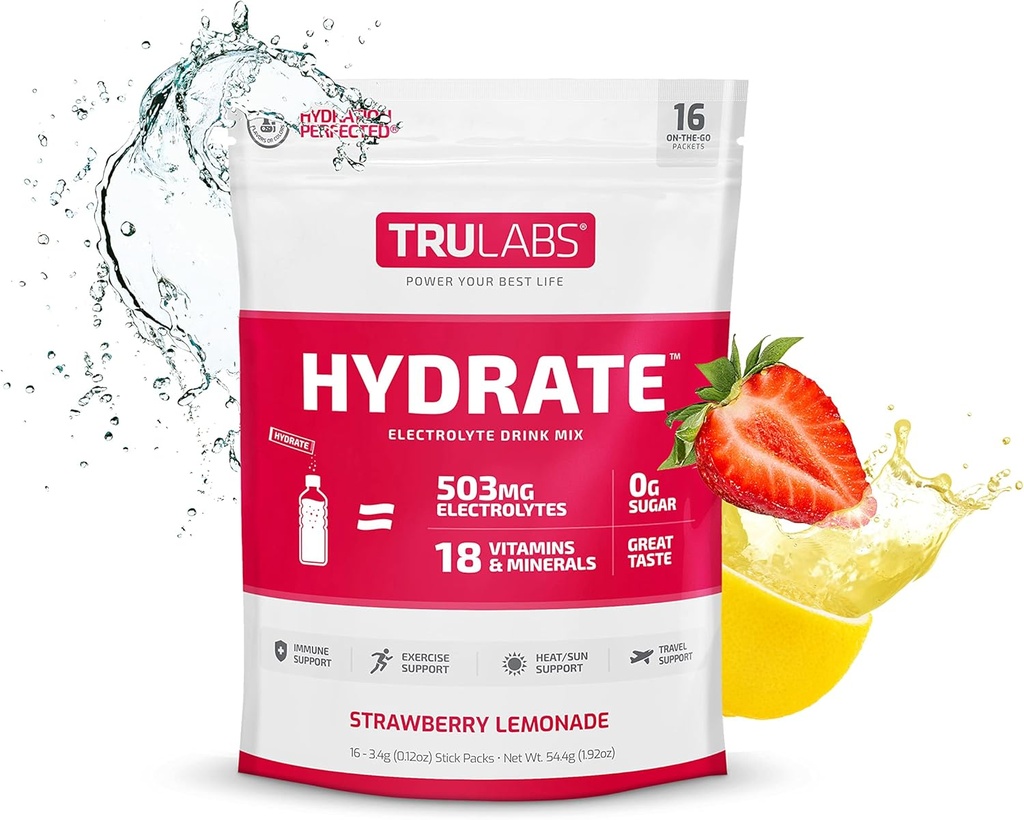TRULABS Hydrate Strawberry Lemonade, Hydration Electrolyte Poweded Drink Mix, 16 sticks. Zero Sugar, kun 5 kalorier, 503mg Electrolytes.
