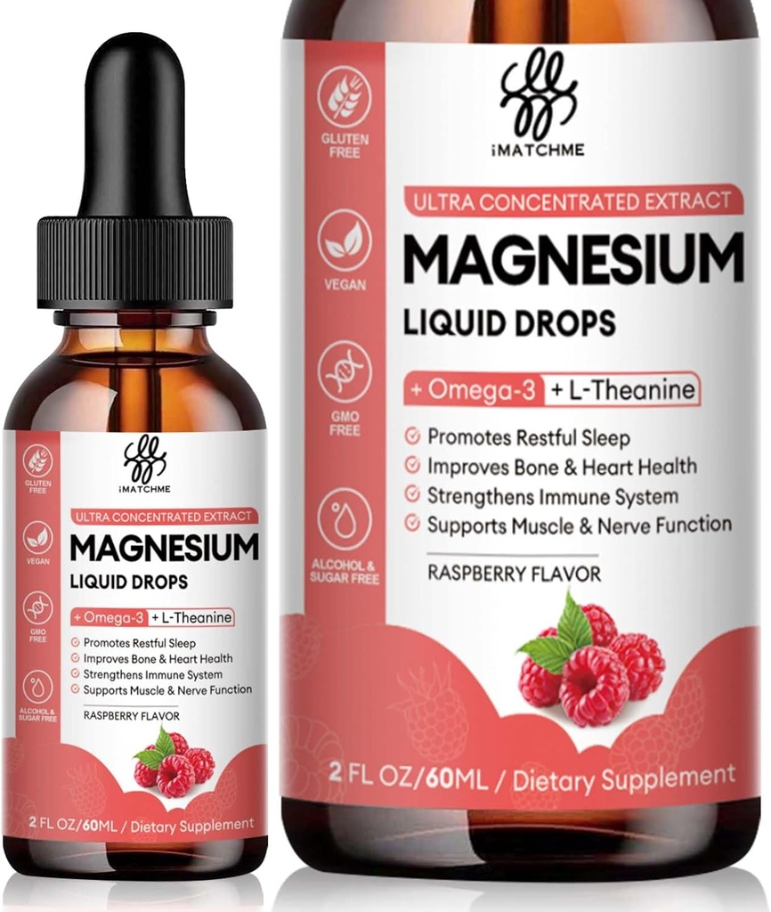 Rolig Magnesium Væske Drop med Magnesium Glycinat, Citrate, Oxide & Taurat for ben, hjerte, muskel, immunforsvar, energi, søvn & fordøjelse, høj absorption, sukkerfri, Raspberry Flavor, 2 Fl Oz