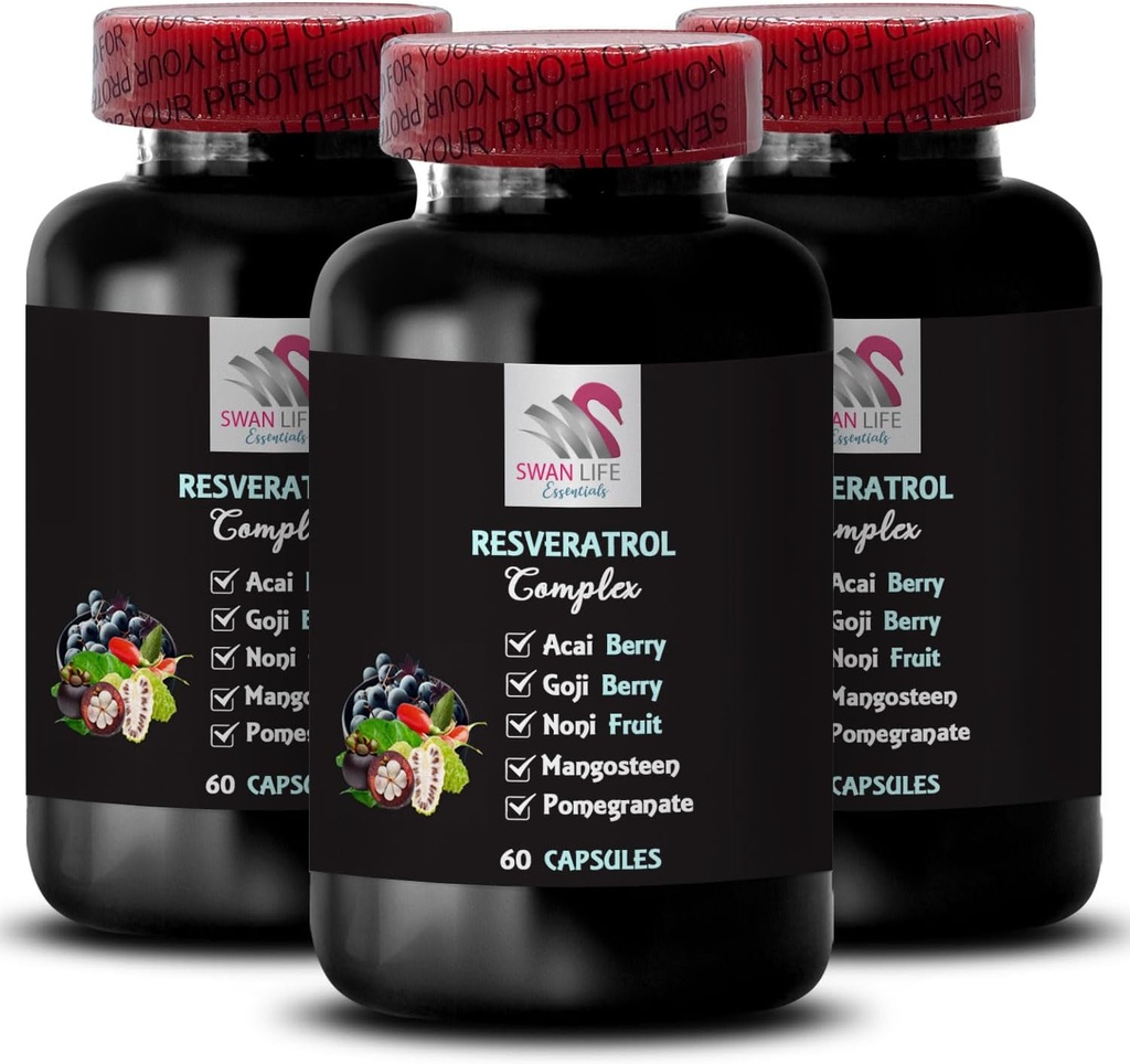 Berry Fordele - RESVERATROL COMLEX - Daglig support, Acai Berry Energy, Goji Berry Power, Grape Skin Boost, Hydration Factor, Elderberry Styrke, Nutritional Support 3 Flasker 180 Kapsler