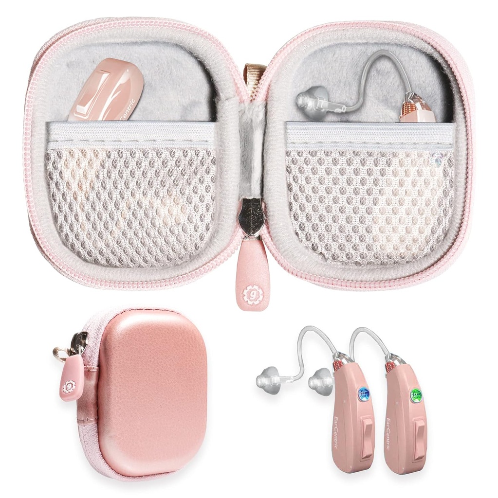 GETGEAR designet beskyttende sag for høreapparat, hørelse forstærker, personlig lyd forstærker, hørelse enhed, lytter enhed, stærk Mini sag med mesh lomme Buddy Rose Guld