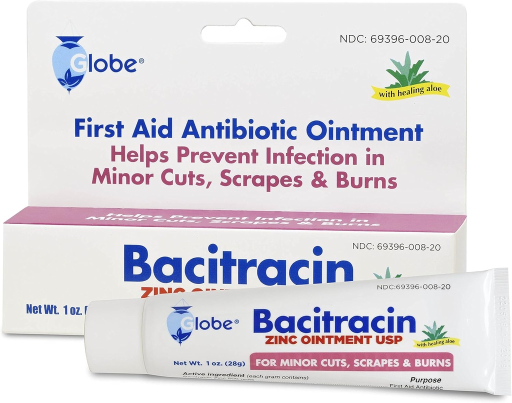 Globe Bacitracin Zink 1 oz Tube, Førstehjælp Antibiotisk Salve Hjælper med at forebygge infektion i mindre stykker, skraber og Burns