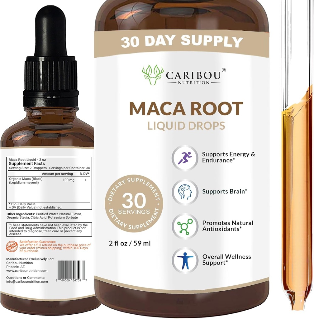 Maca Root Liquid Drops ttesmå 124; Premium Organic Maca Root Extract MSD 124; Maca Supplement for Enhanced Mood & Vitality MSD 124; Vegan, Non- GMO, Gluten & Alkohol Free MSD 124; 2 Fl Oz