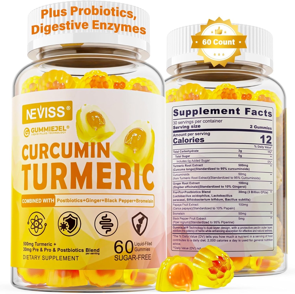 Sugar Free Gurkemeje Curcumin Fyldt Gummy 550mg til voksne, Ingefær & Sort Pepper Budd124; 95% Curcuminoids w / Prebiotic Probiotic & Postbiotic Blend, Support immunforsvar & fordøjelsessygdomme, Vegan, 60 Greve
