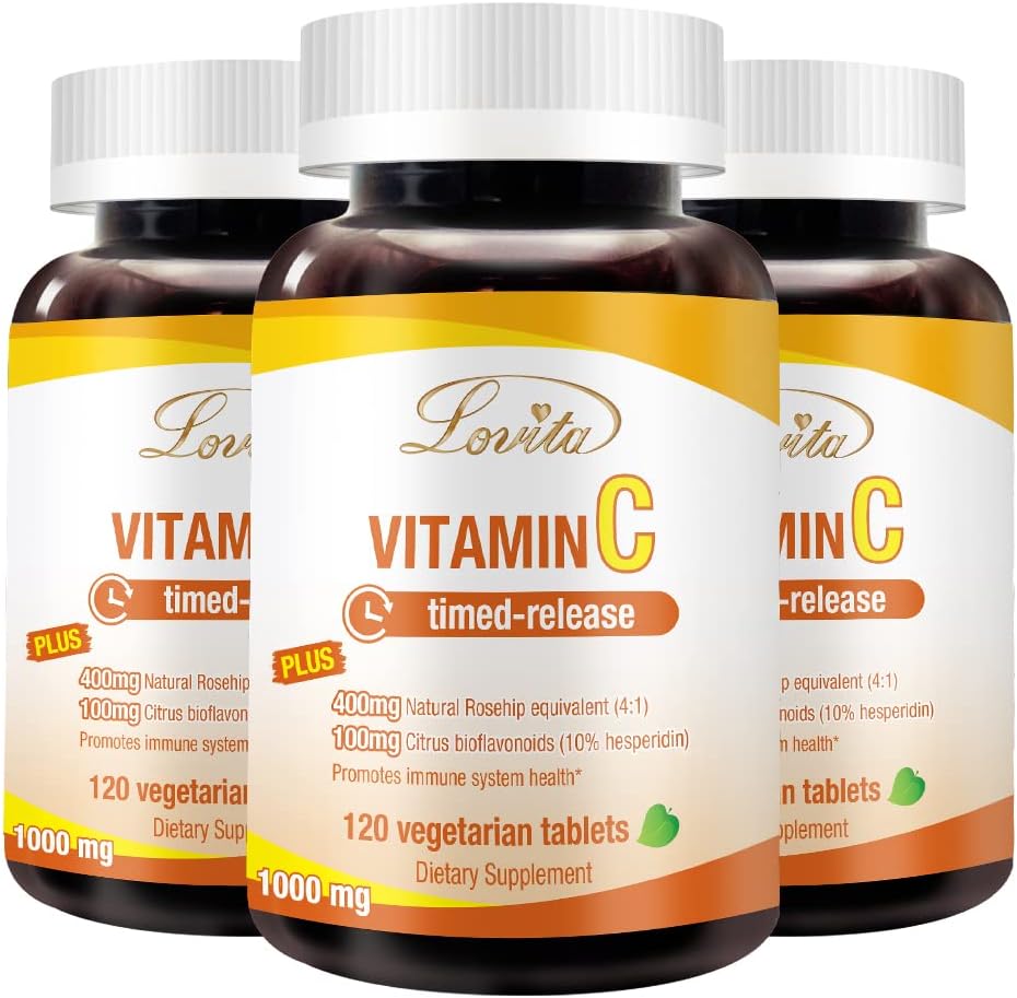 Lovita C-vitamin 1000mg med bioflavonoider & Rose HIPS, Timet Release Coating, High Potency, Support Boost sund immunfunktion, 120 Vegetariske tabletter til 4 måneders forsyning (pakke med 3)