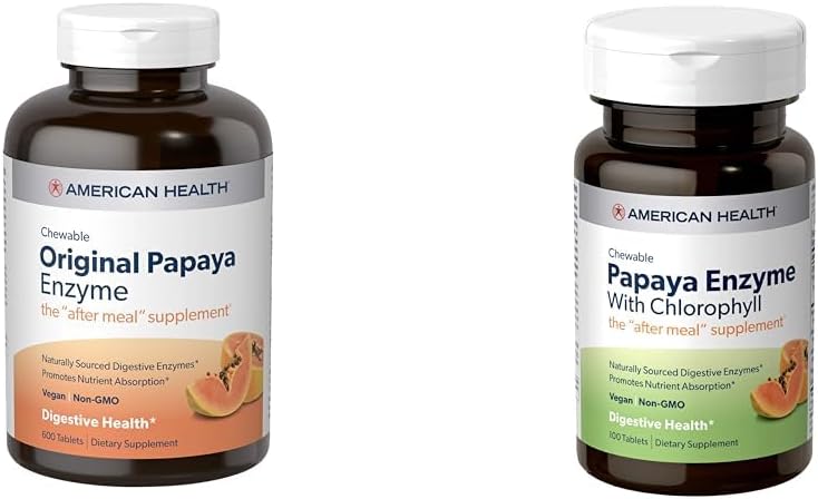 American Health Papaya fordøjelsesfremmende enzymer tyggetabletter Bundle - Original 600 Tæl og med Chlorophyll 100 Tæl