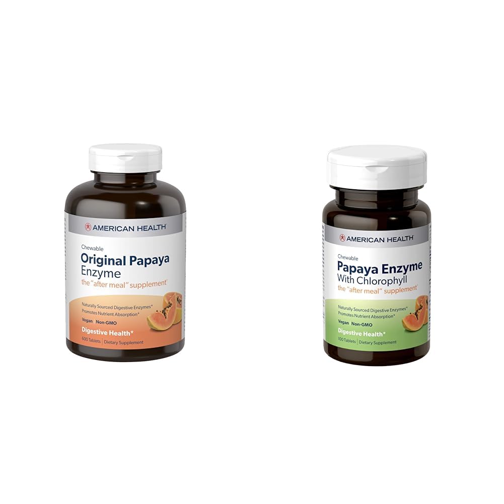 American Health Papaya fordøjelsesfremmende enzymer tyggetabletter Bundle - Original 600 Tæl og med Chlorophyll 100 Tæl