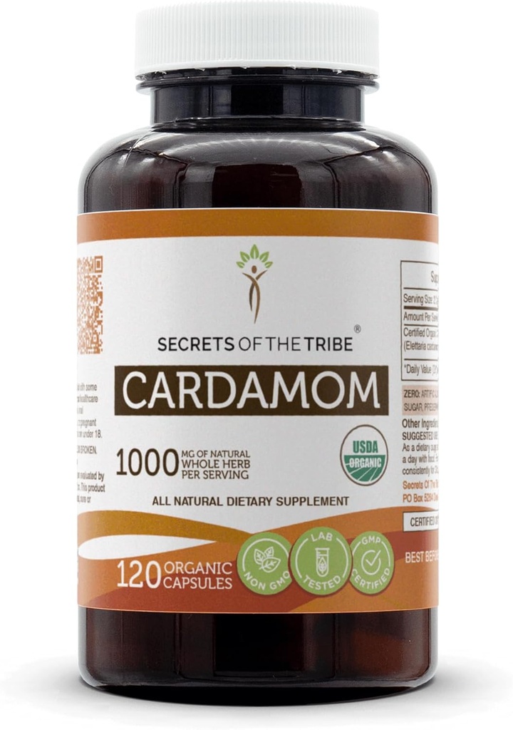 Secrets of the Tribe Cardamom USDA Organic Capsules against 124; Certified Organic Vegetarian Capsules, Herbal Dietary Supplements 124; Elettaria Cardamomum Tørret Pod (120 Greve)