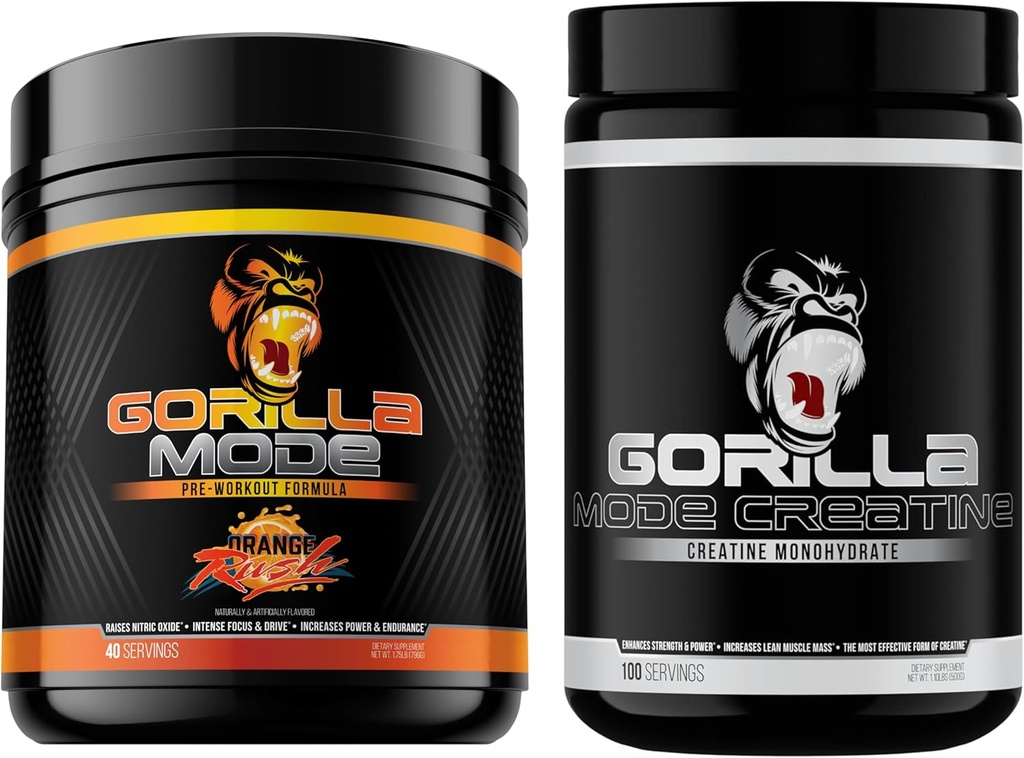 Gorilla Mind Pre Workout (Orange Rush) + Creatin (100 Serv.) - Omfattende stak for forbedret styrke, effekt og muskelstørrelse