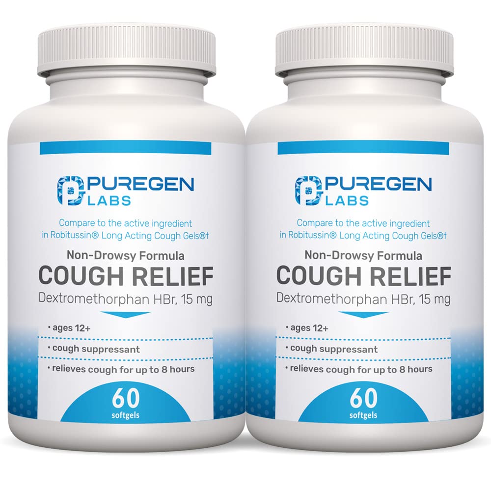 P Puregen Labs Hoste Relief for voksne Dextromethorphan HBr 15mg (120 Softgels) 8- Hour, Non- Drowsy, Long- Long- Long- Long- Lonchial Suppressant