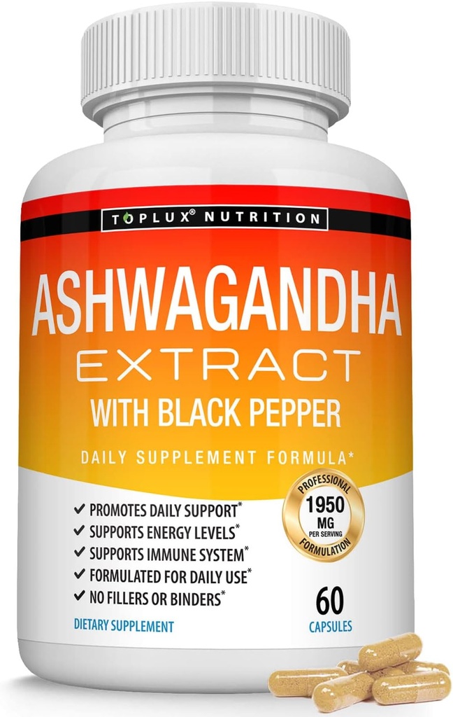 Organic Ashwagandha Root Powder Pills 1950 Mg med sort peber ekstrakt - Pure Natural Ashwagandha tillæg, Support Energy, for mænd kvinder, 60 kapsler