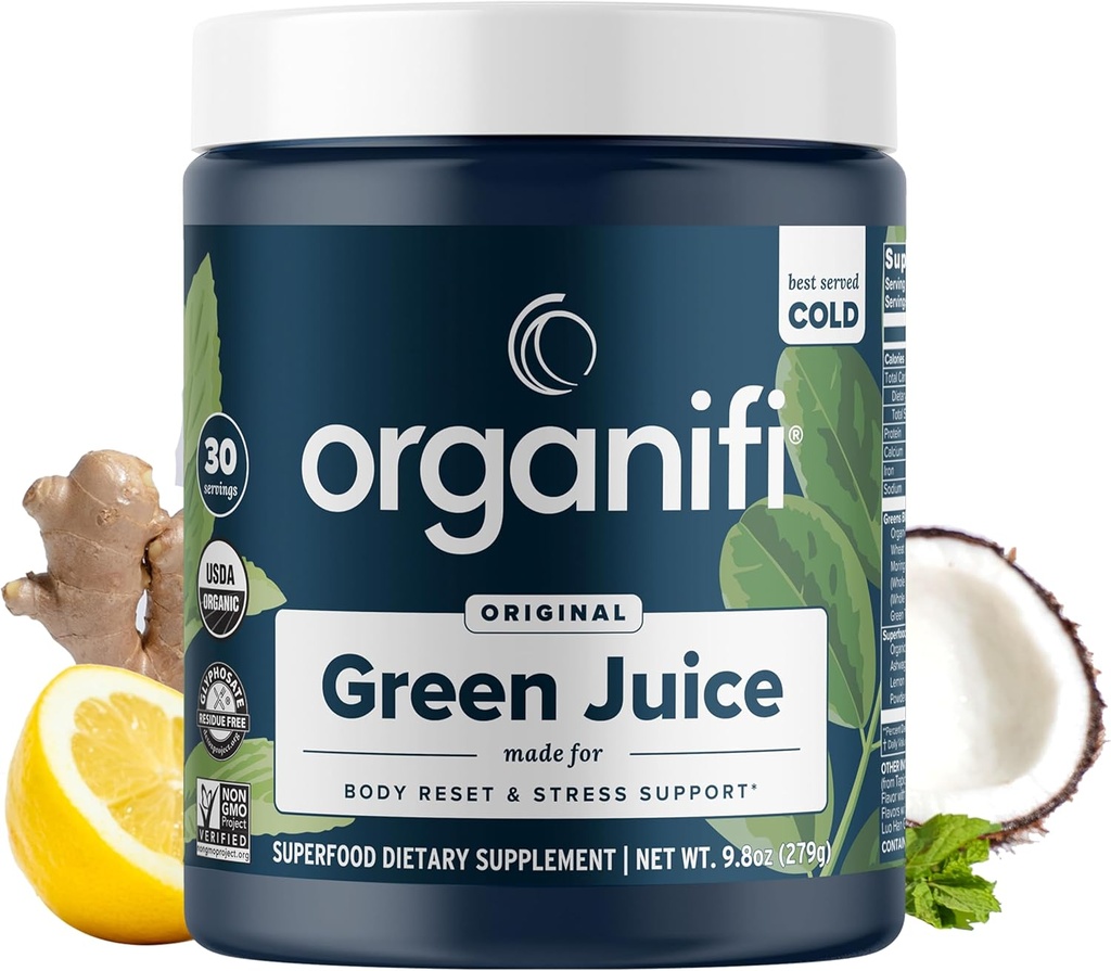 Organifi Green Juice - Pulver supplement med Organic Spirulina, Ashwagandha, og Chlorella - Hjælper med at opnå fitness mål og reducere Cortisol Niveauer, 30-dages forsyning