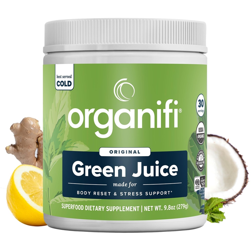 Organifi Green Juice - Pulver supplement med Organic Spirulina, Ashwagandha, og Chlorella - Hjælper med at opnå fitness mål og reducere Cortisol Niveauer, 30-dages forsyning
