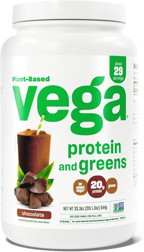 Vega Protein and Greens Protein Powder, Chocolate - 20g Plant Protein Plus Veggies, Vegan, Non GMO, Pea Protein for Women and Men, 2.1bs