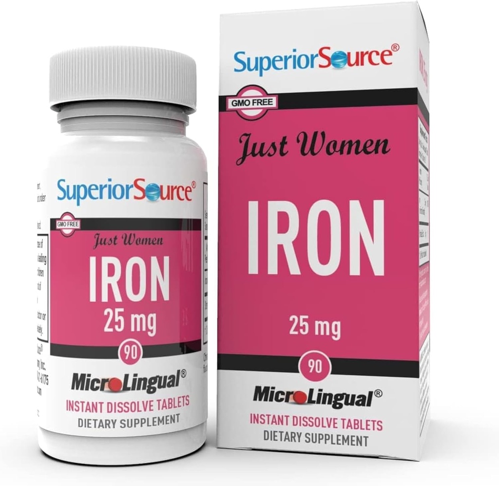 Superior Source Just Women Iron 25 mg - Ferrofumarat supplement til kvinder - Jern supplement understøtter den samlede sundhed - Formel aids mod gastrointestinal discomfort - 90 Instant Dissoll Tablets