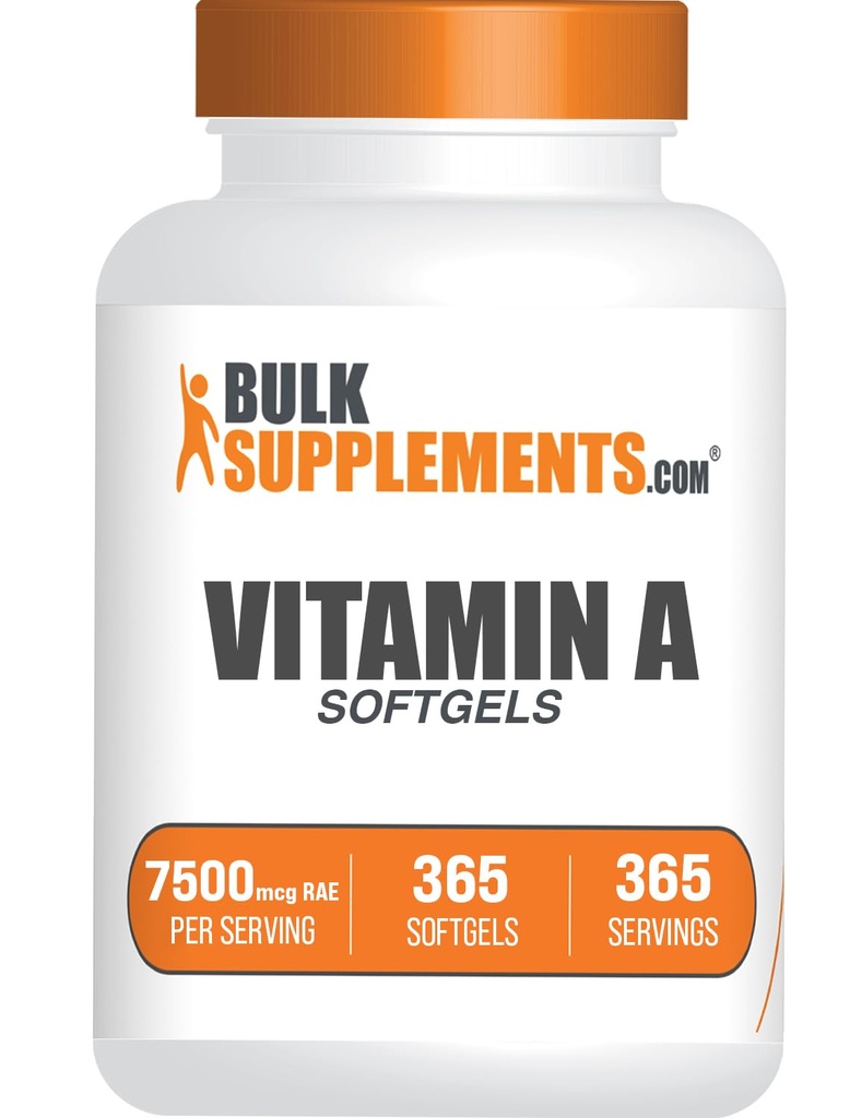 BulkSupplements.com Vitamin A 25000 IE Softgels - Vitamin A tillæg, som Retinyl Palmitat, til Eye & immunforsvar - Gluten Free, 1 Softgel per servering, 365 Count (pakke med 1)