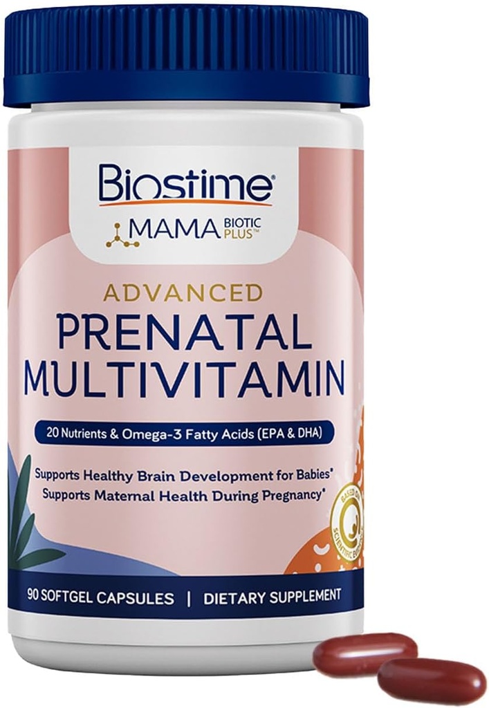 Biostime Advanced Prenatal Vitamin til kvinder; 20 Nutrients, Multivitamin, Folinsyre, Jern, Prebiotic og Omega 3 EPA & DHA Fede Acids