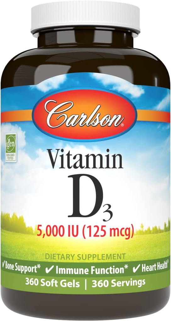 Carlson Vitamin D3 5,000 IU, Bone Health, 360 Soft Gels