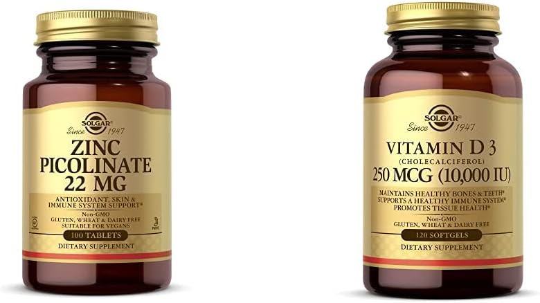 Solgar Zinc Picolinate 22 mg, 100 Tablets - Promotes Healthy Skin - Supports Immune System, Normal T with Vitamin D3 (Cholecalciferol) 250 MCG (10,000 IU), 120 Softgels - Helps Maintain Healthy Bones