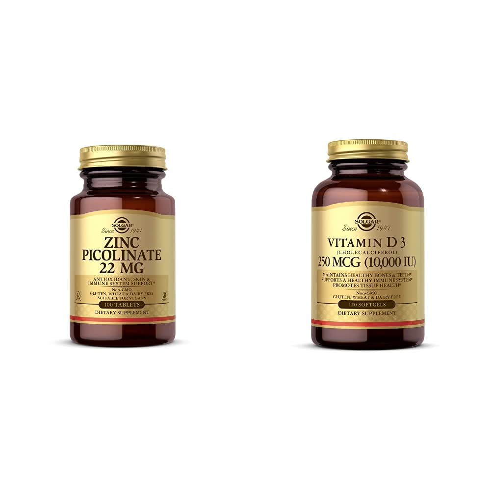 Solgar Zink Picolinate 22 mg, 100 tabletter - fremmer sund hud - understøtter immunsystemet, Normal T med vitamin D3 (Cholecalciferol) 250 MCG (10.000 IE), 120 Softgels - Hjælper med at bevare sunde knogler