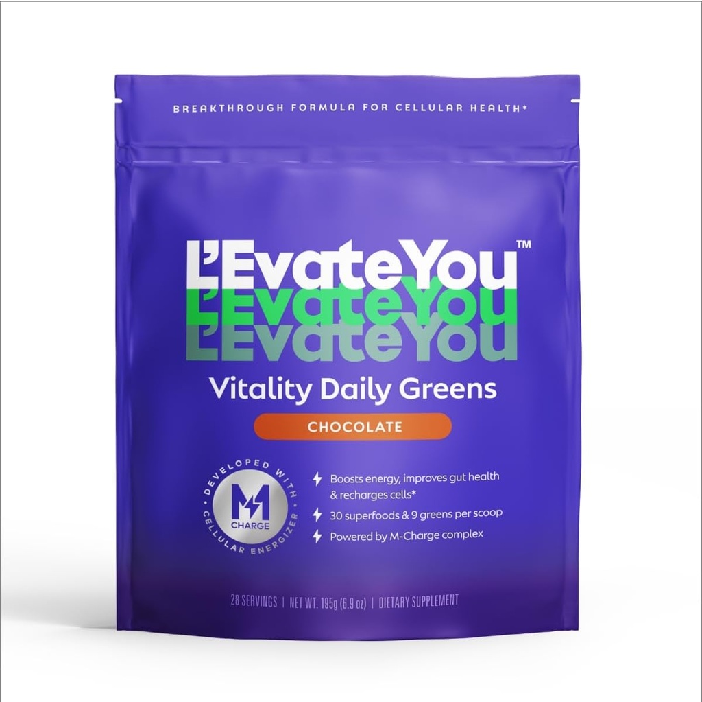 L 'Evate You Vitality Daily Green Powder (28 Servere) 30 Superfoods, 9 Green - for en Cellular Energy Boost, drevet af M- Charge Complex for All Day Energy (Chokolade)