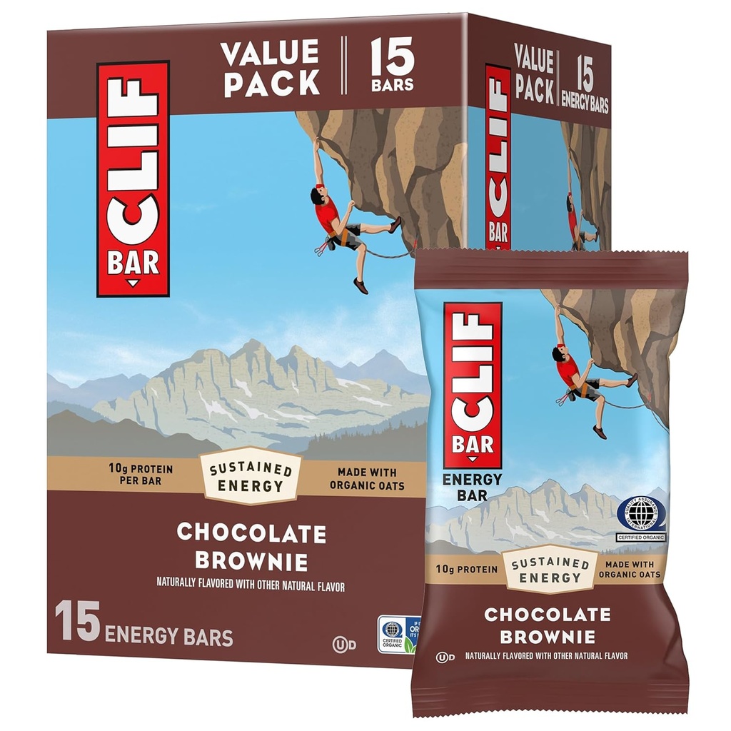 CLIF BAR - Energy Protein Bars - Chokolade Brownie - Lavet med Økologisk Havre - Energibar - Ikke-GMO - (15 Pack)