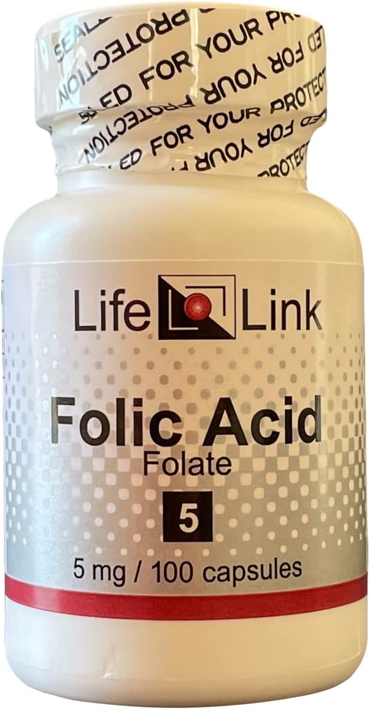 LifeLink folinsyre • 124; 5 mg x 100 kapsler • 124; Prenatal Health, Essential B Vitamin • 124; Gluten Free & Non- GMO • 124; Lavet i USA