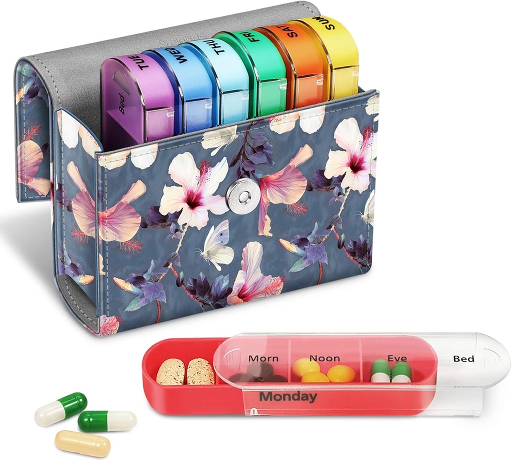 FINPAC Weekly Pill Arrangører 4 gange om dagen, Slide Open PU Leather Case Travel Pill Vitamin Medicine Reminder og Planner med navn Card til morgen-124; Eftermiddag-124; Aften-124; Sengetid (Blooming Hibiscus)