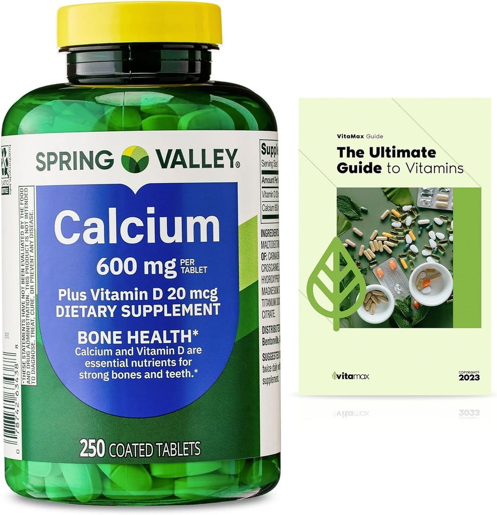 Spring Valley Calcium Plus D-vitamin tabletter Kosttilskud, Knoglehygiejne, VIT D 20 mcg, 600 mg, 250 mg, 250 greve + eksklusiv VitaMax Vitamin Guide (2 genstande)