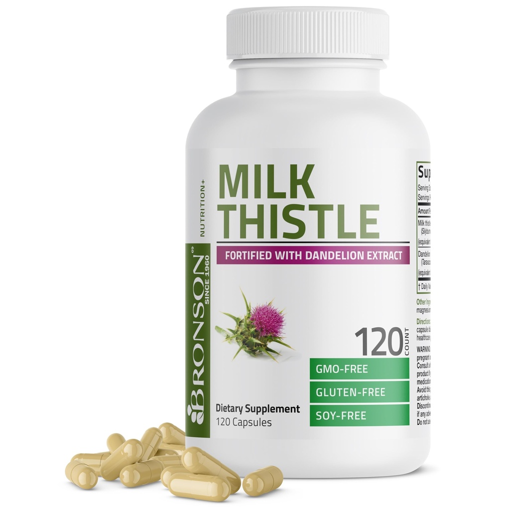 Bronson Milk Thistle Silymarin Marianum & Mælkebøtte Uddrag Leversundhedsstøtte, Antioxidant Support, Detox, 120 Kapsler