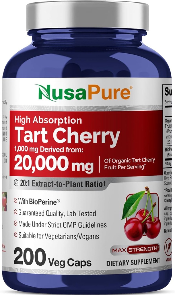 NusaPure Organic Tart Cherry 20: 1 Extract, 1000 mg Ækvivalent med 20. 000 mg 200 Veggie Caps (Vegan, Non- GMO) Bioperine