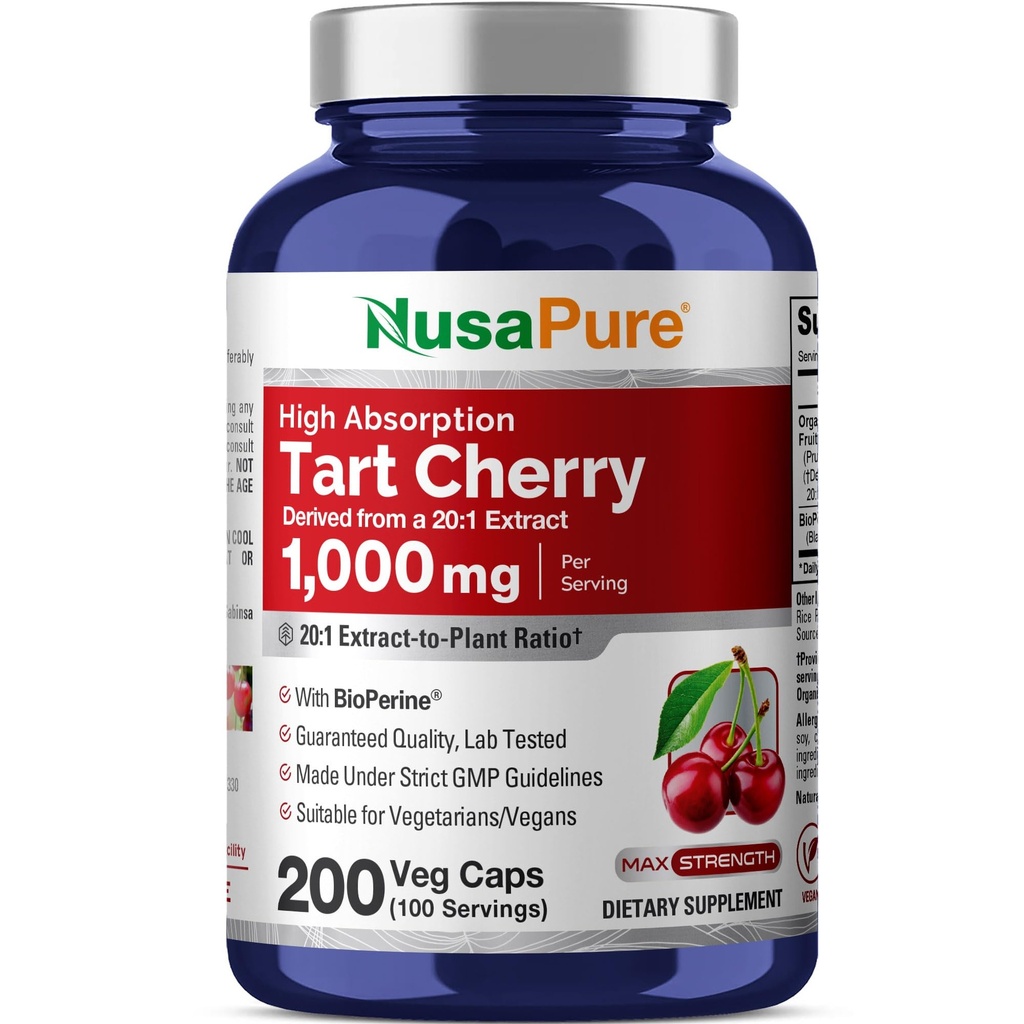 NusaPure Tart Cherry Capsules, 1000 mg, 200 Veg Capsules (Non-GMO, Vegan)