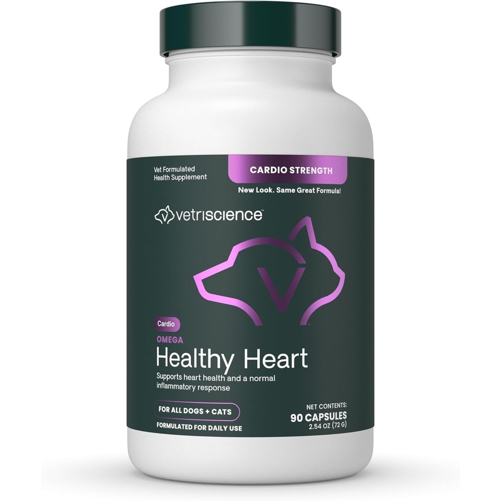 VetriScience Omega sundt hjerte Easy- åbne kapsler, Cardio styrke taurine og Omega-3 supplement til hunde og katte, Heart Support Supplement til kæledyr, 90 Tæl