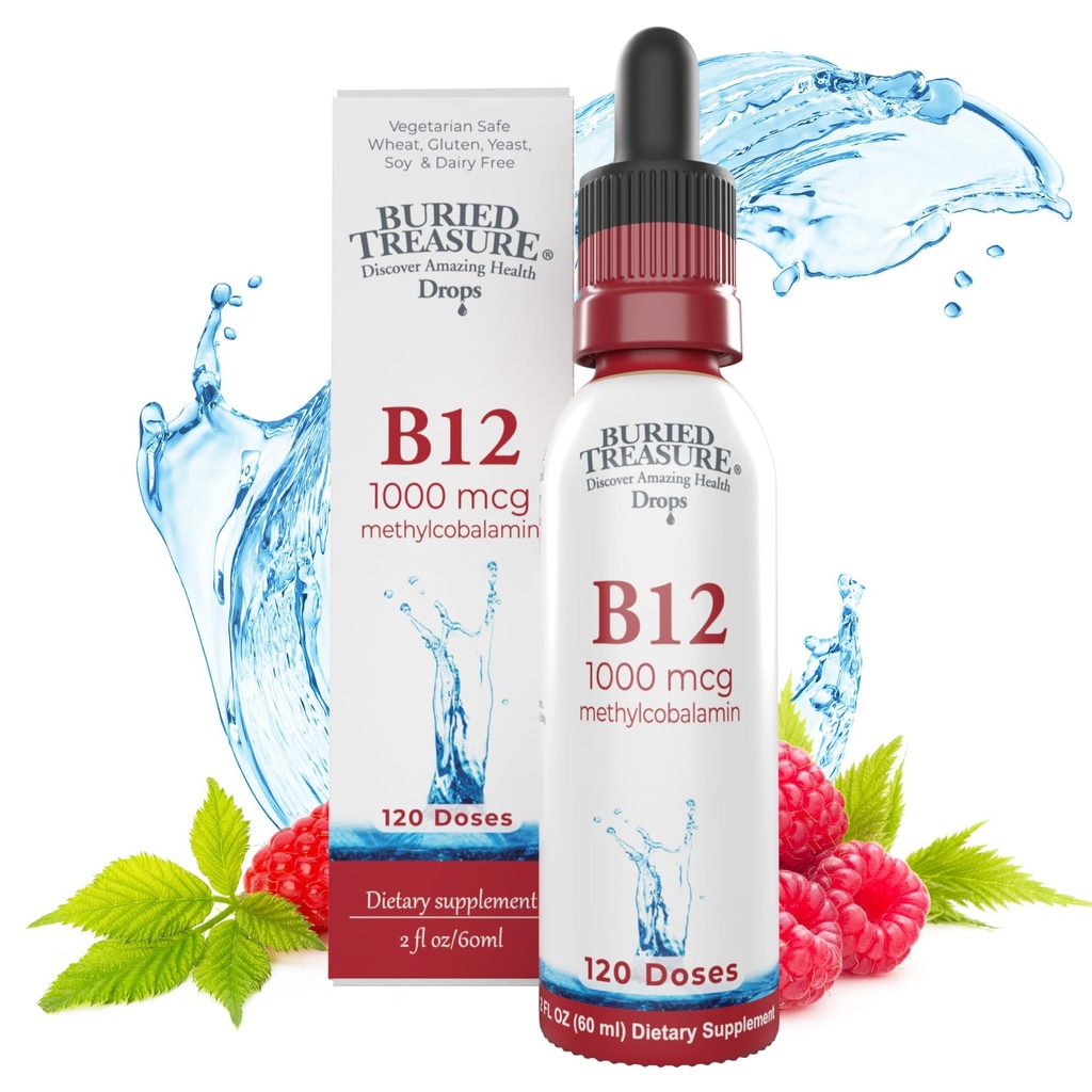 Begravet Treasure B12 Drops - 1000mcg vitamin B12 Methylcobalamin per servering, 120 Servering - Sublingual B12, Alkoholfri, Vegan, Raspberry Flavor, 2 oz flaske, Gradueret Dropper Nøjagtig dosering