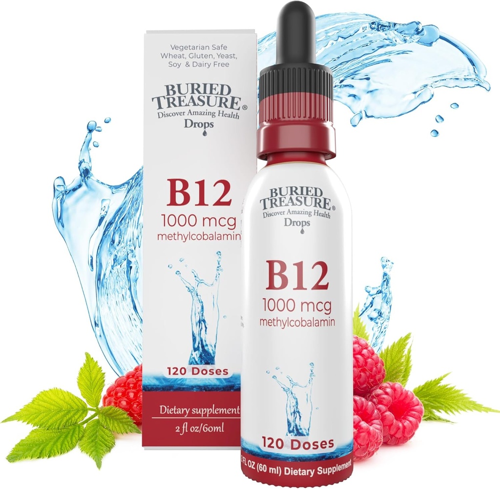 Begravet Treasure B12 Drops - 1000mcg vitamin B12 Methylcobalamin per servering, 120 Servering - Sublingual B12, Alkoholfri, Vegan, Raspberry Flavor, 2 oz flaske, Gradueret Dropper Nøjagtig dosering