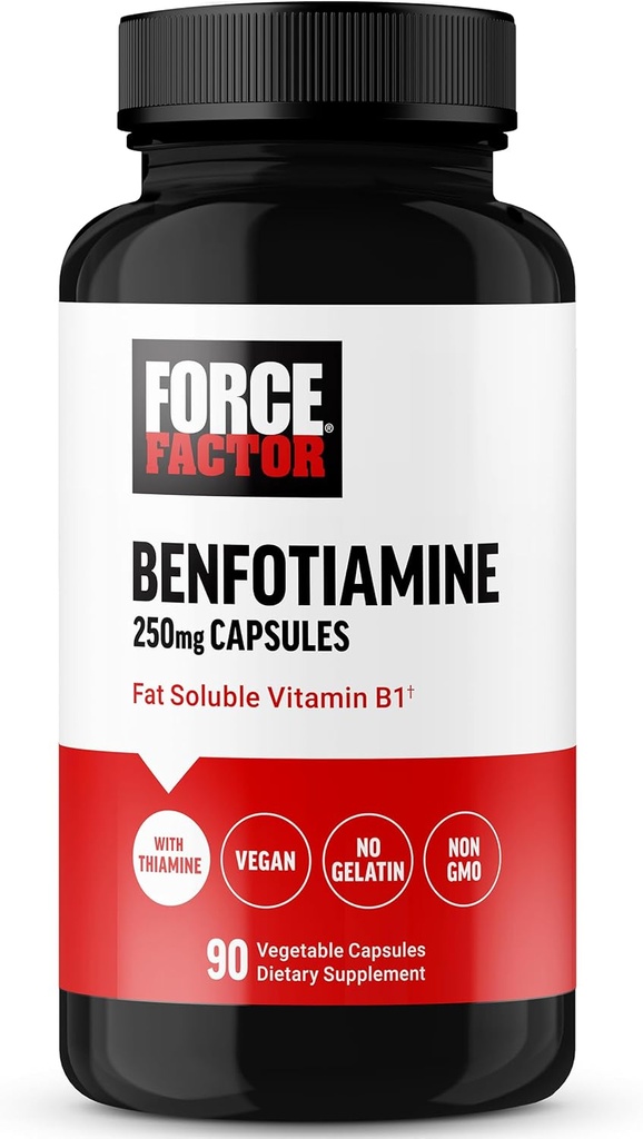 FORCE FACTOR Benfotiamin Plus Thiamin supplement, fedt Opløselige vitamin B1 til høj absorption, ikke-GMO, Vegan, 90 Vegetabilske kapsler