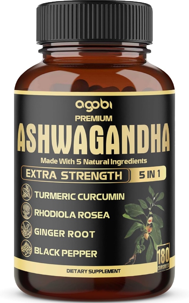 5in1 Premium Ashwagandha Capsules - Added Turmeric, Rhodiola Rosea, Ginger, Black Pepper - 180 Caps for 6 Months