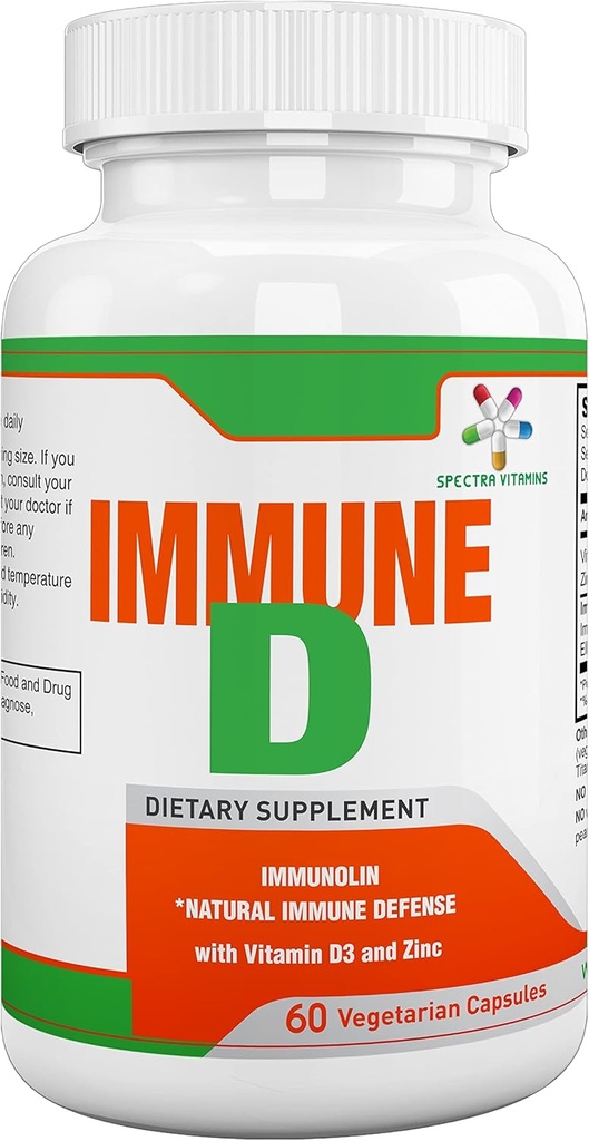 Spectra Vitaminer immunD Support Kosttilskud med Immunolin, Vitamin D3, Zink, Ellagic Acid Promotions Stærk immunsystem til Alle Sæsoner, 60 Kapsler.