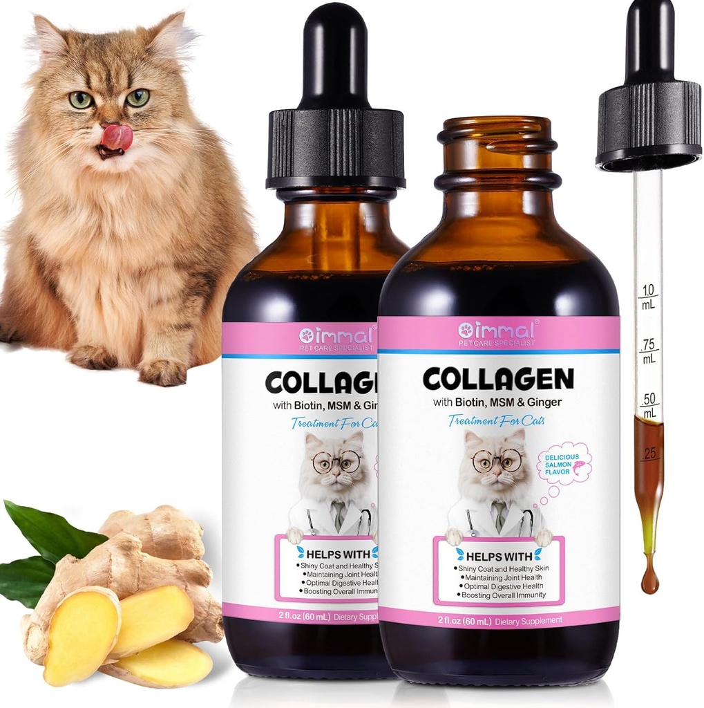 2Pack flydende kollagen til katte, Collagen til katte 2 fl.oz, Hud og Coat supplement til katte, Itch Relief til katte med allergi, med Bovin Collagen, Biotin, MSM, Ingefær, Collagen til katte Drops