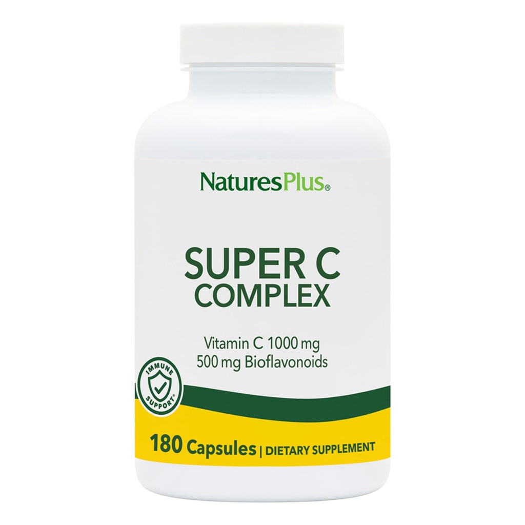 NaturesPlus Super C Complex - 180 Capsules - 1000mg Vitamin C + 500mg Bioflavonoids - Vegan, Gluten Free - 90 Servings