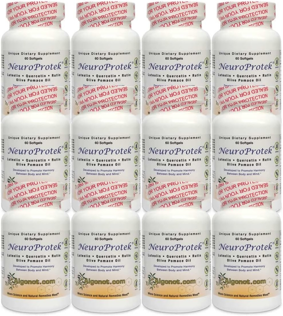 Algonot NeuroProtek 12 Pack: Den eneste liposomal luteolin produkter, der bruger Olive Pomace Oil. Kombination af Luteolin, Quercetin & Rutin i Olive Pomace Oil (reduceret pris bundle)