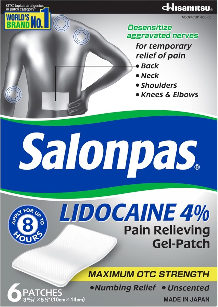Salonpas Lidocain 4% smertelindring Gel- Patch, 6 Greve, for Tilbage, Neck, Skulder, Knæ- og albuesmerter