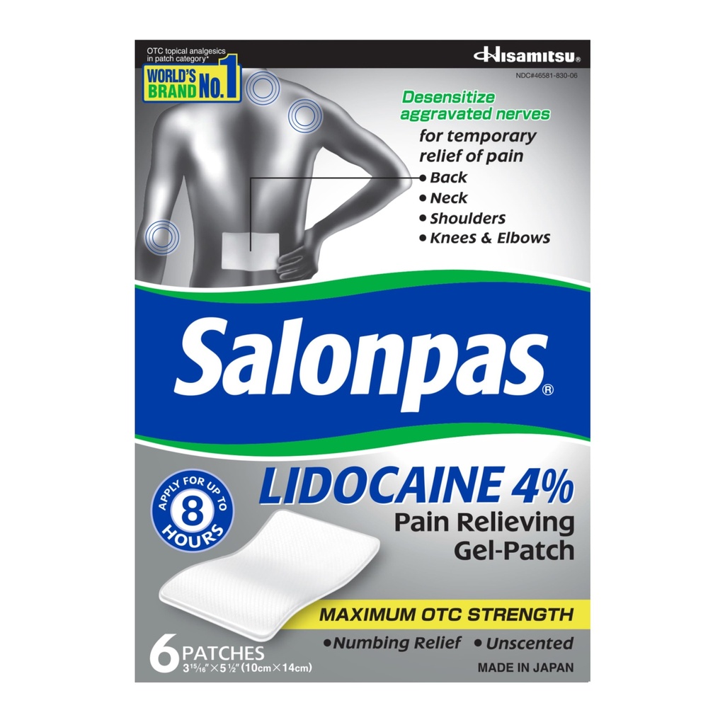 Salonpas Lidocain 4% smertelindring Gel- Patch, 6 Greve, for Tilbage, Neck, Skulder, Knæ- og albuesmerter