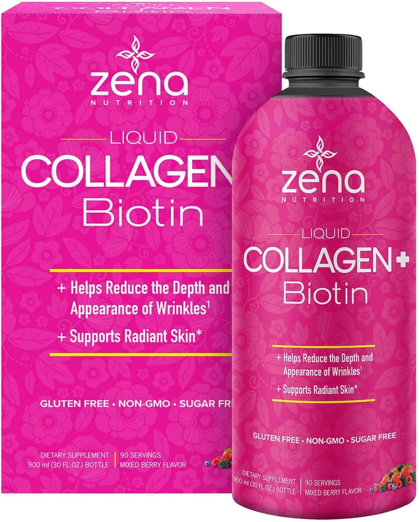 Zena Liquid Collagen + Biotin: 2500mg Collagen, 5000mcg Biotin, Verisol Formel 124; Hår, Hud, Negle & Fælles Support