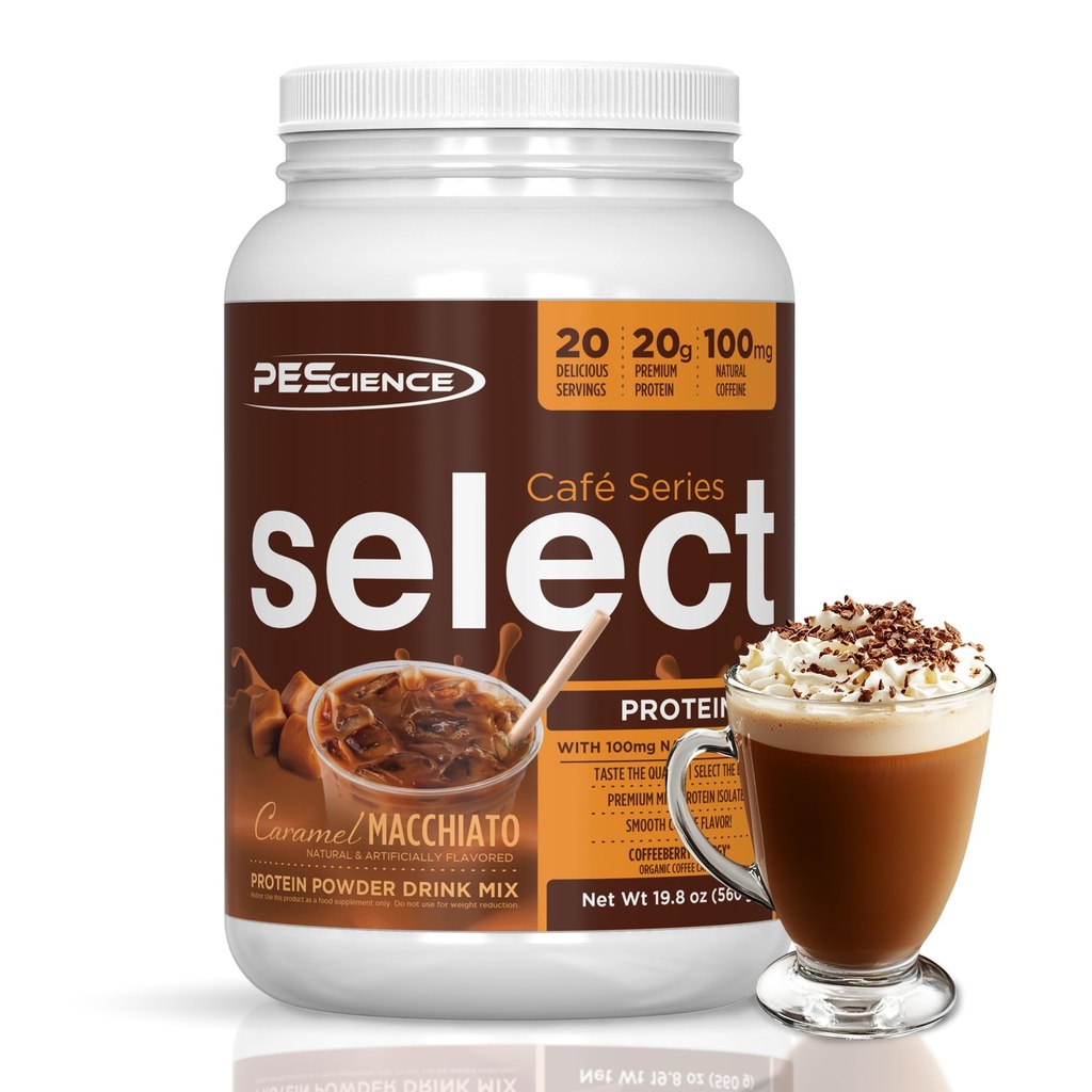 PEScience Select Cafe Protein Coffee Flavored Powder, 100mg Caffeine, 20g Iced Protein Coffee Powder or Creamer - Caramel Macchiato, 20 Servings